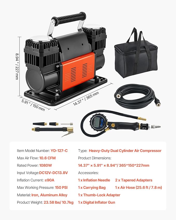 Dual-Cylinder Heavy Duty Air Compressor, 10.6CFM Portable Tire Inflator, 12V 150PSI Offroad Air Pump with Digital Pressure Gauge & Adapters for Truck Car SUV 4 x 4 Vehicle RV