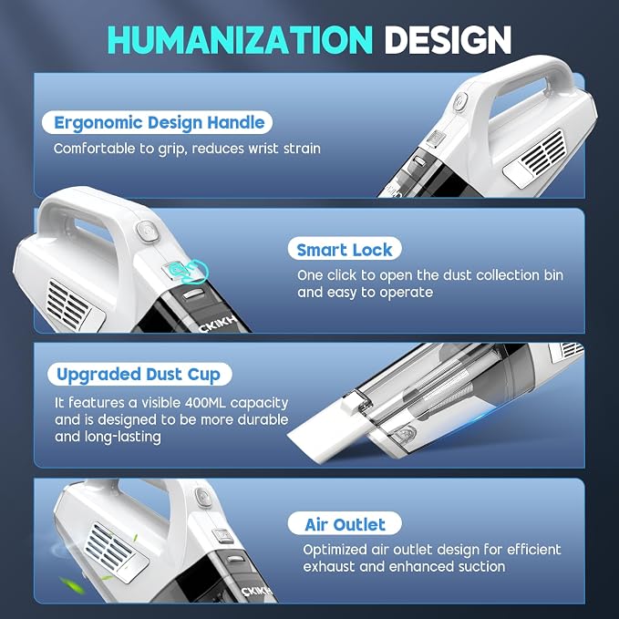Handheld Vacuum Cordless, 15000PA Strong Suction Hand Held Car Vacuum Cleaner Portable with Multi-Nozzles & Washable Filter, Lightweight Rechargeable Vacuum Cleaner for Home, Car, Office, Pets