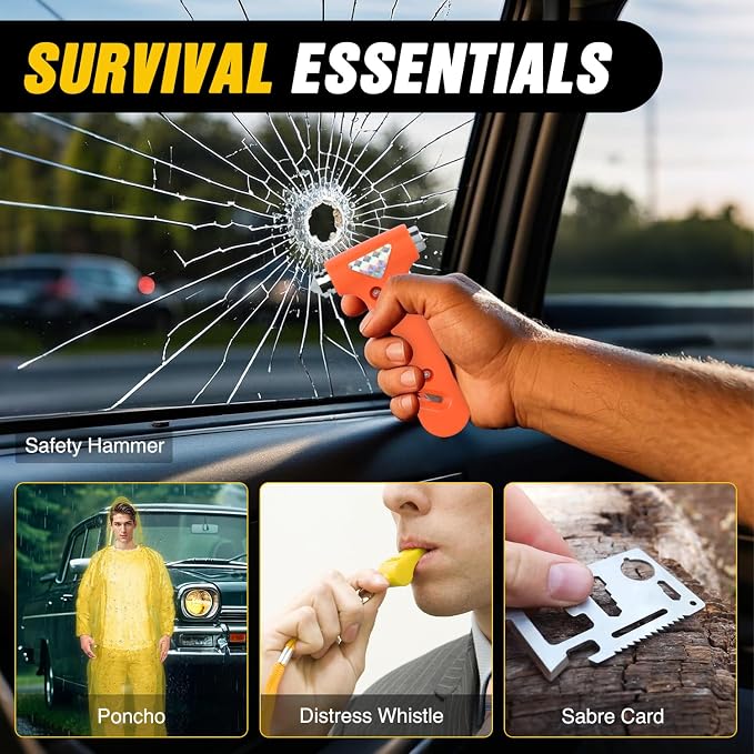 Car Emergency Kit with Jumper Cable, First Aid Kit Safety Assistance Tools for Travel Camping Outdoor Cars Truck SUV RV, Roadside Essentials with Flash Light