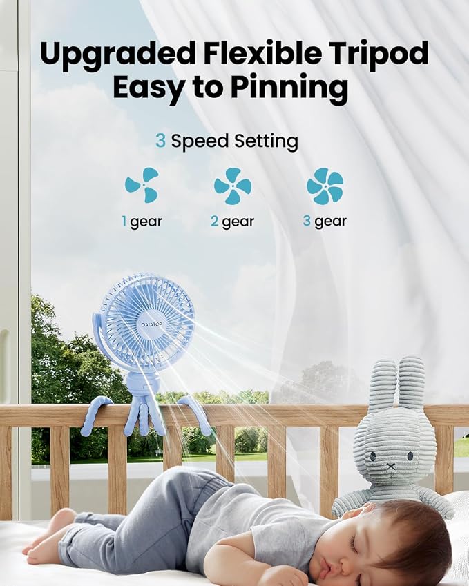 Mini Portable Stroller Fan, Battery Operated Small Clip on, Detachable 3 Speed Rechargeable, 360° Rotate Flexible Tripod Better Cooling for Car Seat Crib Treadmill Travel Blue