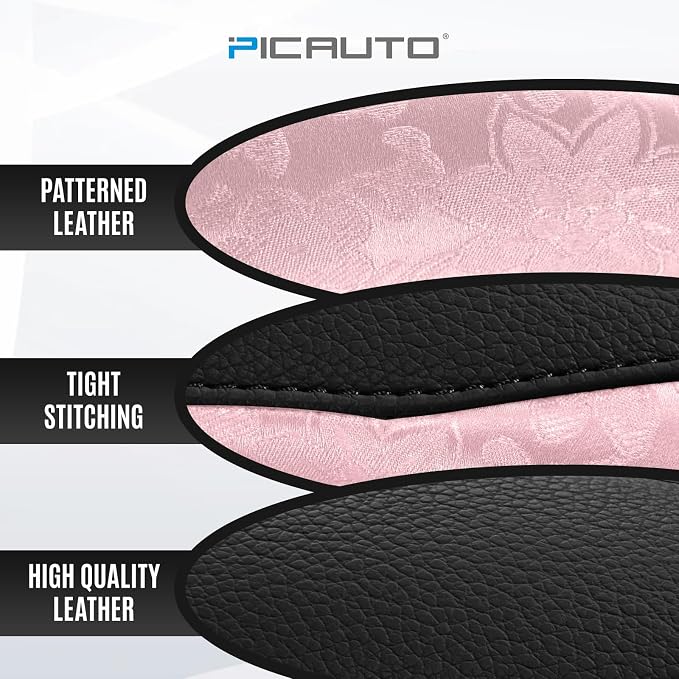 Steering Wheel Cover, Pink Patterned & Black Leather Patchwork Design, Universal Fit 14.5"–15.5", Anti-Slip, Odor-Free, Soft PU Grain Leather, Durable Grip Car Accessory for Girls & Women