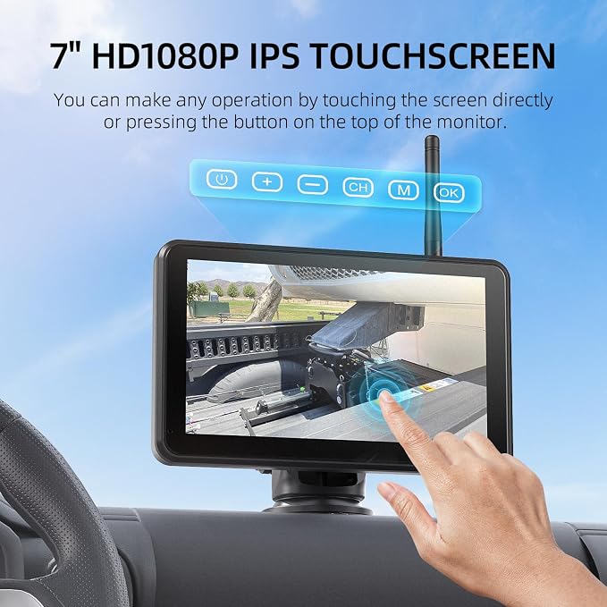 Dual Magnetic Solar Wireless Backup Cameras: HD1080P 7” Touchscreen Portable with DVR, BSD, 1-Min Install-Free IR Night Vision Hitch Backup Camera for Trailer/Truck/Small RV/Camper/Tractor