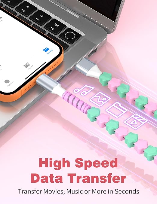 USB A to USB C Cable 3FT,Beaded Phone Charger Cord for iPhone 17 16 Pro Max 17e 15 Carplay,Cute TypeC Car Charger Charging Cord for iPad Pro 10 11/Samsung S26 S25 S24/Android Girl Women,PinkGreen Star