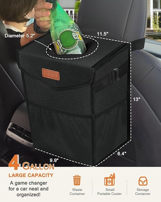 Car Trash Can with Lid, Cute Leakproof Car Trash Garbage Bag Hanging Vehicle Trash Bin Small Portable Automotive Garbage Cans Organizer for Back/Front Seat(4 Gallons,Black)