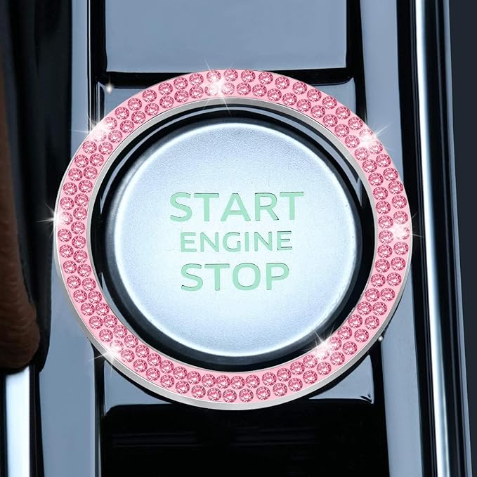 2 PCS Crystal Double Rhinestone Car Engine Start Stop Decoration Ring, Bling Car Interior Accessories for Women, Push to Start Button Cover Sticker, Automotive Decals, Pink