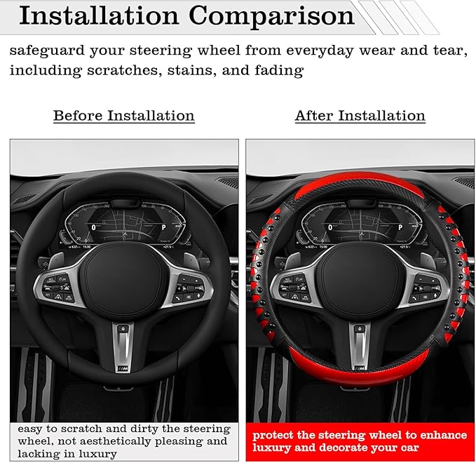 Car Leather Steering Wheel Cover - Carbon Fibre Material, Universal 14.5-15 Inch Leather Anti-Slip Breathable Auto Steering Wheel Covers for Men Women (3D Massage - Sports Red)