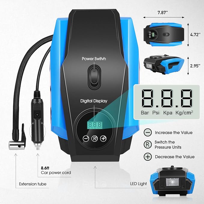 Tire Inflator Portable Air Compressor, 12V DC Air Pump for Car Tires, Bike, Motorcycle, Ball, Electric Bike Tire Pump with Pressure Gauge, LED Light, Auto Shut Off, Blue, TOOLS-00679-BL