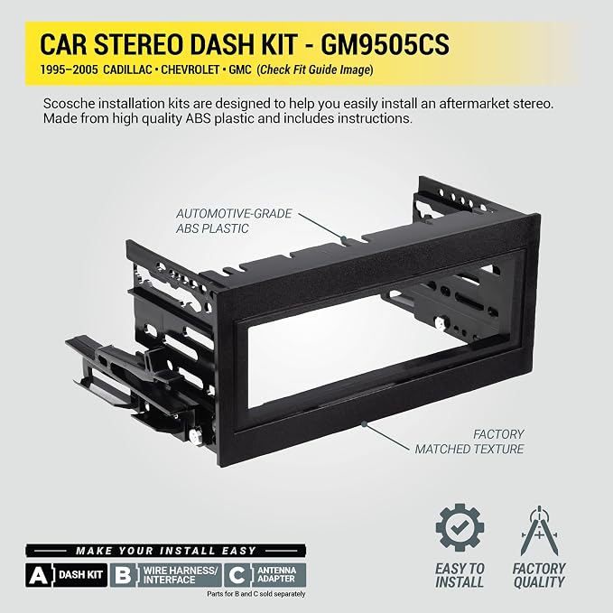 GM9505CS Complete Single DIN Stereo Installation Kit for Select Non-Amplified 1995-05 GM Full Size Trucks and SUV's - No Steering Wheel Remote - See Fit Guide in Images to Verify Your Vehicle