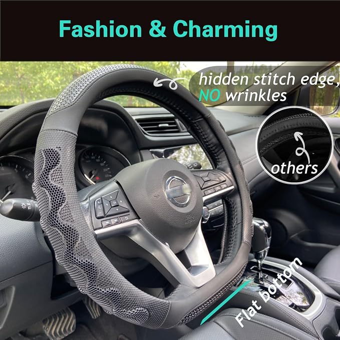 D Shaped 14.5-15 Inch Steering Wheel Cover Great Grip with 3D Honeycomb Anti-Slip Design, Flat Bottom 14.5-15 Inch (All Black)
