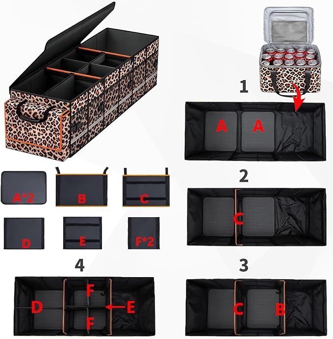 Car Trunk Organizer and Storage with Lid & Removable Cooler Bag, Car Accessories 6 Removable Dividers for Custom Space, Collapsible Trunk Organizers Interior for SUV & Sedan, Large