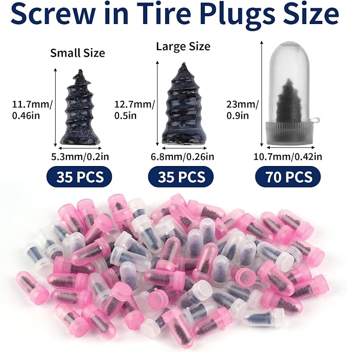 Screw in Tire Plugs, 70 Pcs Tire Repair Screws, Tire Repair Rubber Nail Kit, Tire Screw Plug Repair Kit, Self Screw in Tire Repair Plugs for Car, Motorcycle, Truck, Tractor Tire Puncture Repair
