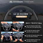 Coverado Car Steering Wheel Cover, Nappa Leather Black & Grayline Steering Wheel Covers, Universal 14-15 inch, Anti-Slip, Breathable Steering Wheel Protector for Women Men