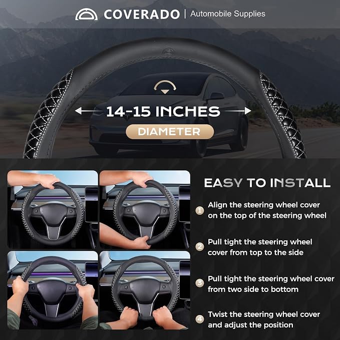 Coverado Car Steering Wheel Cover, Nappa Leather Black & Grayline Steering Wheel Covers, Universal 14-15 inch, Anti-Slip, Breathable Steering Wheel Protector for Women Men