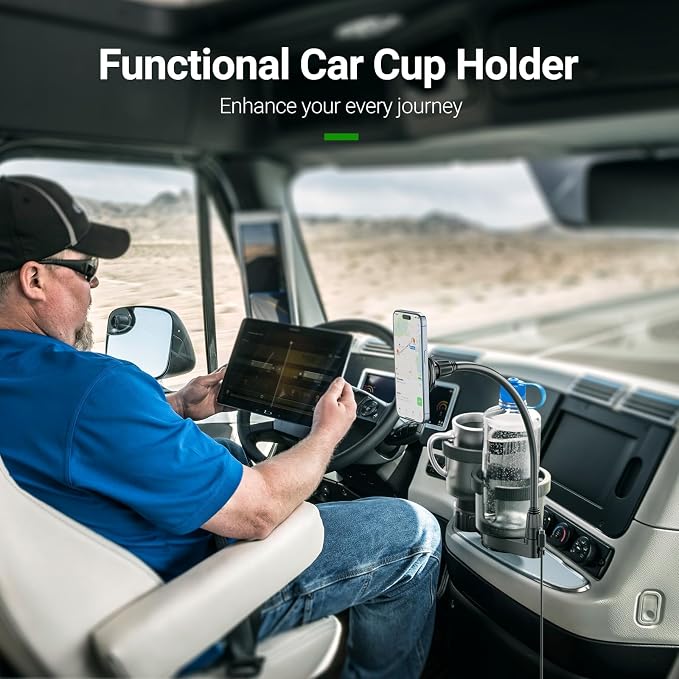 2-in-1 Car Cup Holder Expander for Phone MagSafe, Upgraded Cup Holder Phone Mount for Car with Adjustable Base, Compatible with Yeti 20/26/30 oz, Hydroflask 32/40 oz (Transparent Black)