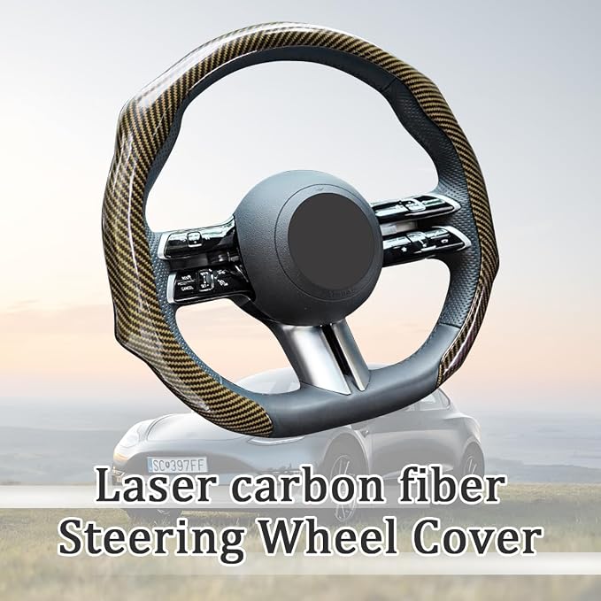 Car Steering Wheel Cover with Comfort Grip, 14.5-15" Carbon Fiber Laser Non-Slip Steering Wheel Protector, Cool Stylish Auto Interior Decor Accessories, Universal for Van SUV Sedan (Gold)