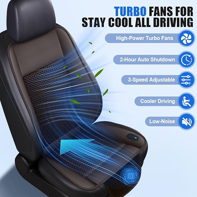 Cooling Car Seat Cushion – 3 Speeds Adjustable Ventilated Car Seat Cover for Cars Without AC, Breathable Automotive Cooling Seat Cover, 12V Plug & Play, Brown (1 Pack)