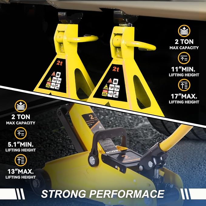 2 Ton Floor Jack with Jack Stands, Heavy Duty Steel Hydraulic Racing Floor Jack with Single Piston Quick Lift Pump, Hydraulic Trolley Service Car Jack, Yellow