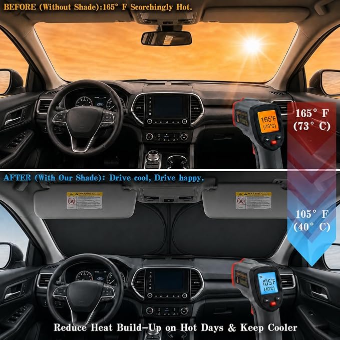 Car Windshield Sun Shade, Universal Fit Full-Size SUV Pickup MVP, Cool Gray | 63 x 33.86" Large Windshield Cover, Foldable Front Window Sunshade, UV Heat Protection, Cute Eyes Series