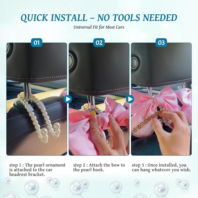 2 PCS Bow Pearl Car Seat Headrest Hook – Cute Purse Hook for Car, Girly Interior Decoration Accessories Hook Hanger, Seatback Holder for Purses & Bags, Elegant Car Organizer (Sky Blue)