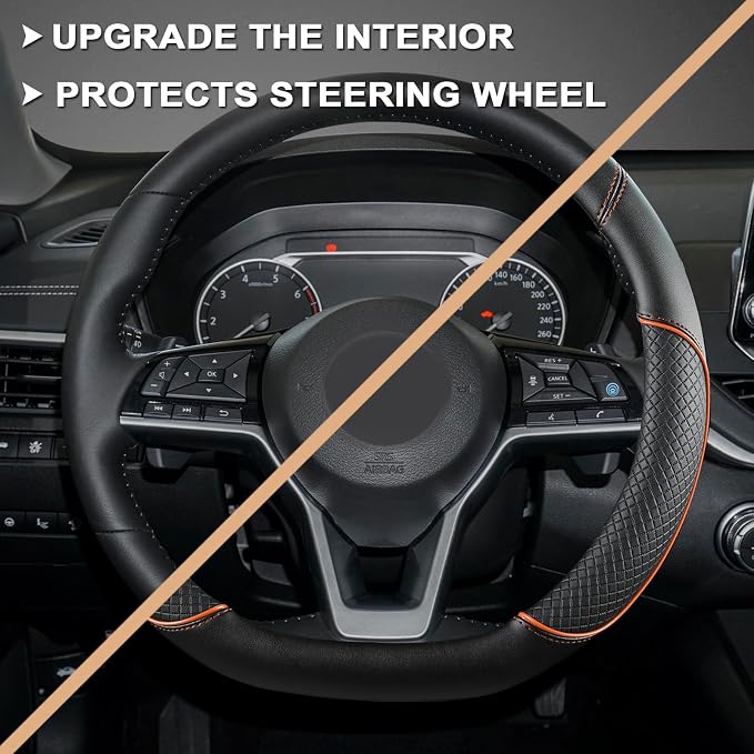 D Shape Steering Wheel Cover for Nissan Rogue Kicks - Auto Car Steering Wheel Cover Customized for Nissan Altima Sentra(Black+Orange Line-D-Shaped)