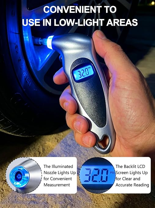 Digital Tire Pressure Gauge 150 PSI, Accurate in 0.1 Increments,1 Pack Tire Pressure Gauge with Backlight LCD, 4 Units (PSI/Bar/Kgf/cm²/KPA) Applicable to Car Truck Bicycle, Silver