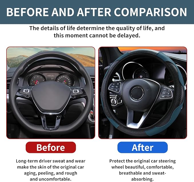 Car Steering Wheel Cover 15 inch, Microfiber PU Leather Elastic Steering Wheel Protector, Anti-Slip Breathable Car Interior Accessories for Most Cars (Dark Green)