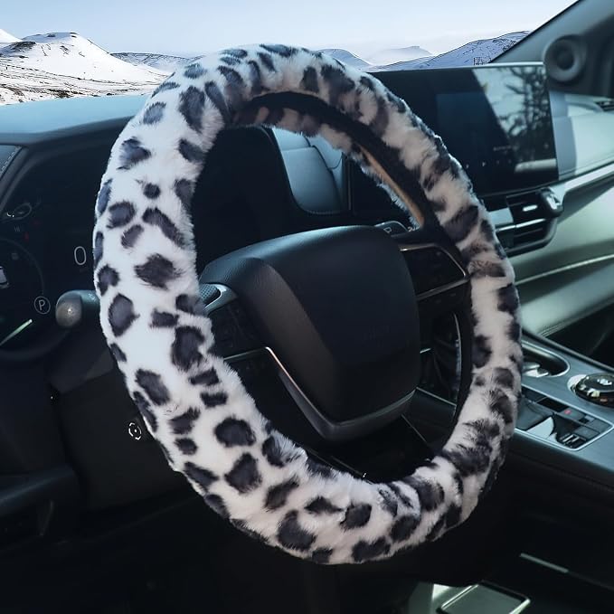 Plush Leopard Cheetah Steering Wheel Cover, 15 Inch Universal Fit, Soft Warm Winter Cover with Non-Slip Grip, Heat & Cold Protection Easy Install Fuzzy Cover for Car SUV Truck (Black White)