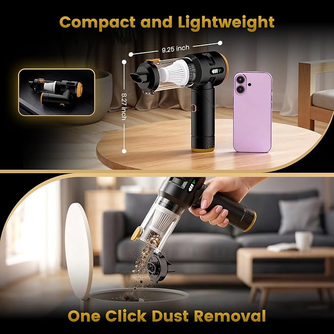 Handheld Car Vacuum Cleaner,25000PA Strong Cyclonic Suction Foldable Mini Vacuum Portable Cordless with Digital Display and One Touch Dust Removal for Car, Home, Office, Kitchen (Gold)