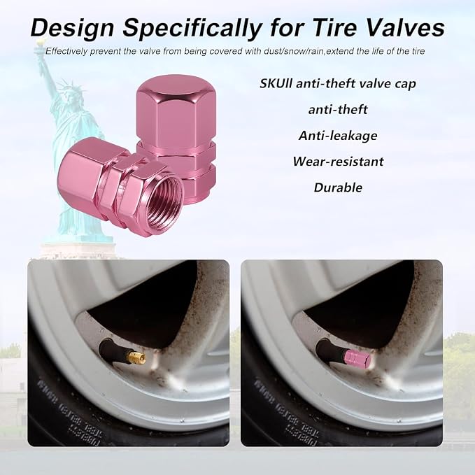 Aluminum Tire Stem Valve Caps Wheel Valve Covers Car Dustproof Tire Cap Cover Accessories, Universal for SUV, Car, Bike and Motorcycle，Hexagon Shape (Pink)