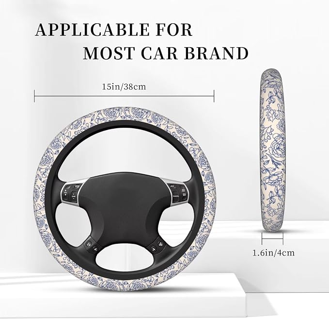 Blue Flower Steering Wheel Cover - Cute Anti-Slip Breathable Universal 14-15 in 2 Car Coasters for Men Women Beautiful Blue Floral Steering Wheel Cover Florals