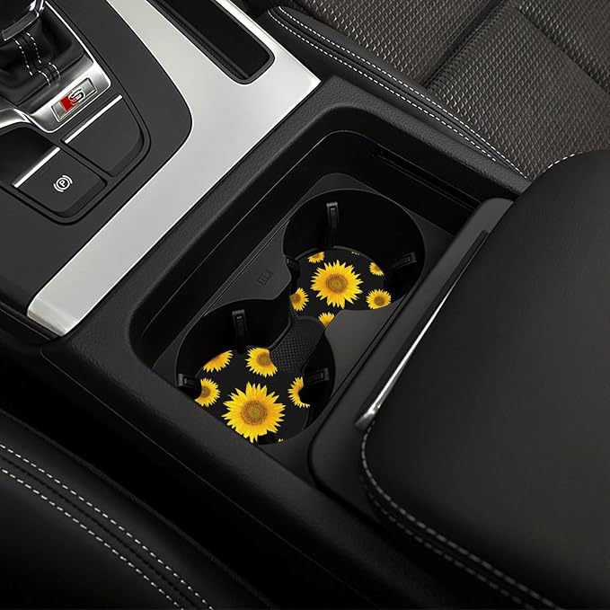 Sunflower Car Steering Wheel Cover - Sunflower Steering Wheel Cover Anti-Slip Breathable 15 Inch Universal 2 Pcs Car Interior Cup Holder Pad for Men Women