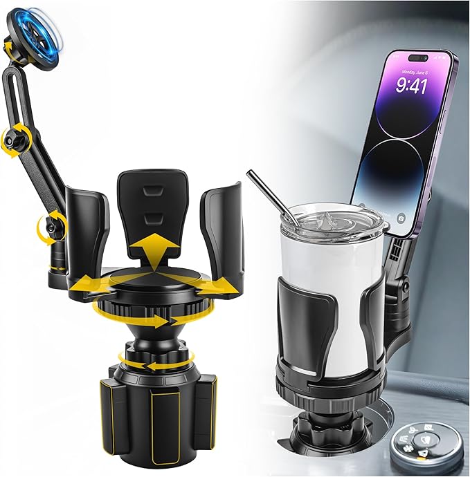 Frani Car Cup Holder Expander with Magnetic Phone Mount | Adjustable Insert Fits 2.68-4.33" Holders, 360° Adjustable Neck, Strong N52 Magnets, iPhone Samsung Compatible