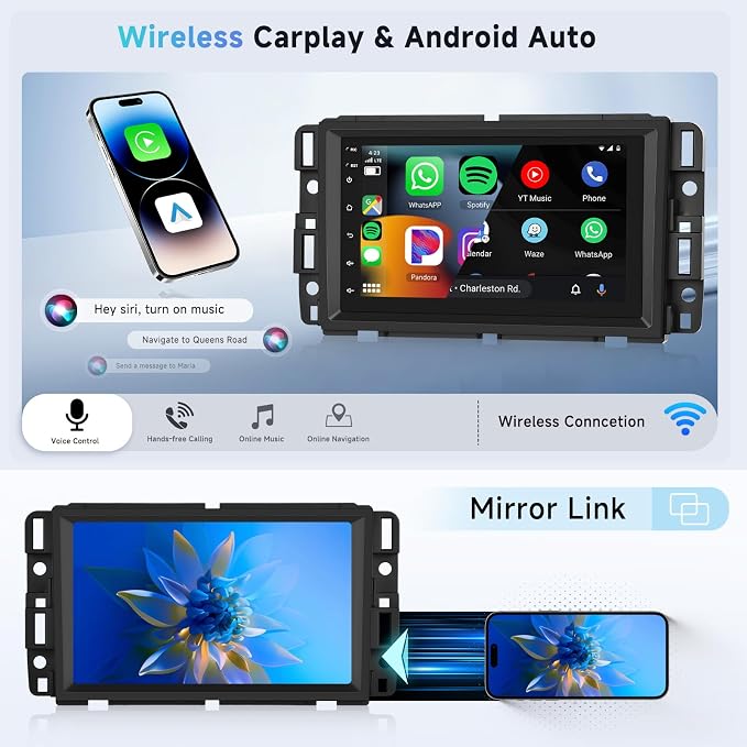 Car Radio for Chevrolet Chevy Silverado Impala Tahoe GMC Sierra Yukon [2+64G],Android 15 Wireless CarPlay/Android Auto Touch Screen,7 Inches IPS Screen for Chevy Silverado 07-14 Car Stereo