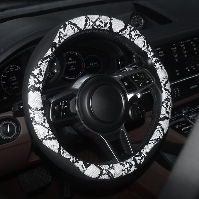 Snake Skin Steering Wheel Cover, Breathable Microfiber Leather Universal 14.5-15 inch, Anti-Slip Car Steering Wheel Protector for Women Men, Black&White