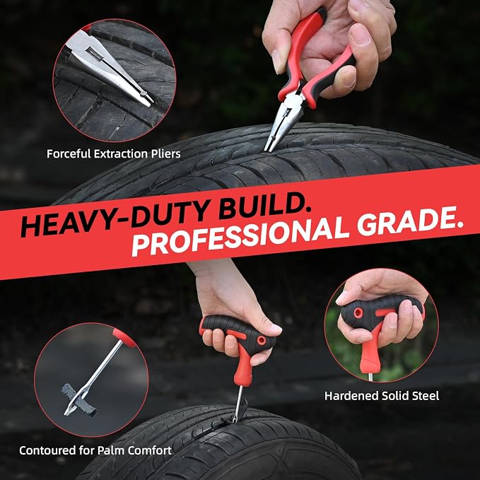 Flat Tire Repair Kit with Air Compressor, 150PSI Portable Air Pump with Auto-Stop & LED, Heavy Duty Tire Plug Kit for Car, SUV, Truck, Jeep, Motorcycle, Roadside Emergency Assistance（Red)