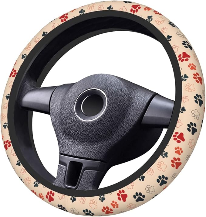 Paw Print Neoprene Steering Wheel Cover Anti-Slip Elastic Dog Cat Paw Steering Wheel Protective Cover 15in Universal Car Accessories Fit Cars, SUVs, Auto
