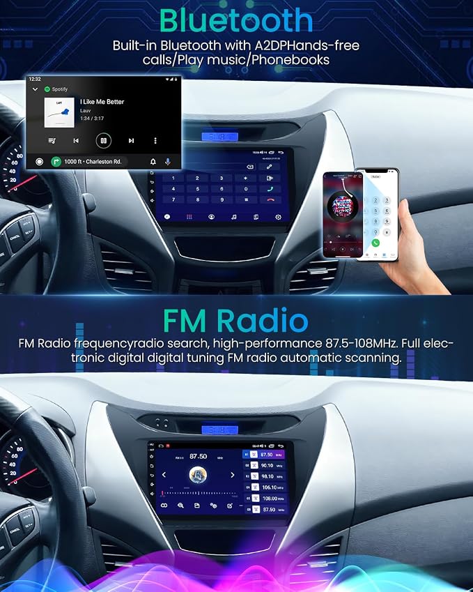 4G RAM+64G ROM Car Radio for Hyundai Elantra 2011-2013: Android 13 Head Unit Car Stereo Upgrade with Wireless Carplay Android Auto 9 inch 1280 * 800 Touchscreen GPS Bluetooth 5GWiFi Backup Camera