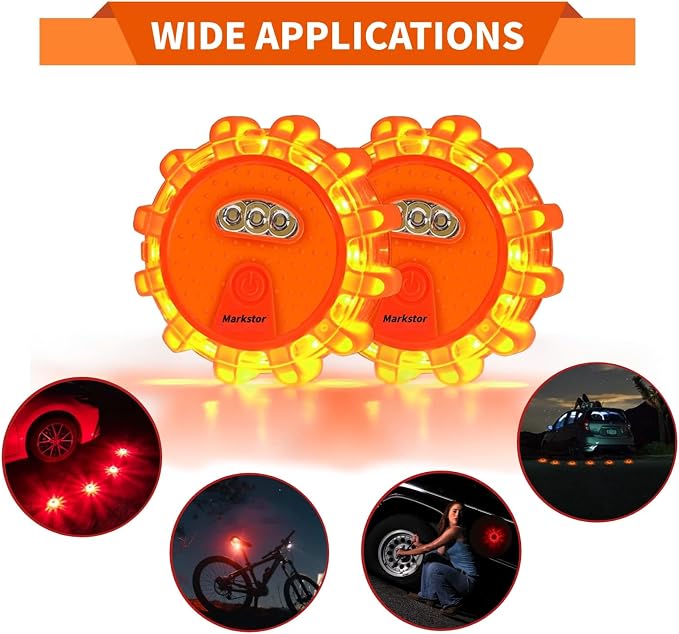 Led Road Flares 4 Pack LED Flares Emergency Kit Recharge LED Flares Light with Magnetic Roadside Safety Disc Flares Kit with Breaker Whistle for Vehicle