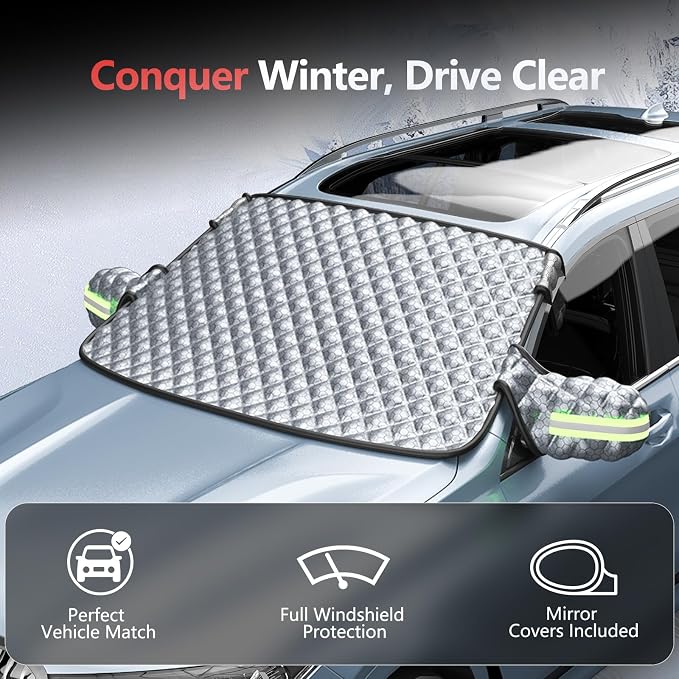 Exterior Windshield Cover for Ice and Snow, Graphene Grid Heavy-Duty Windshield Sun Shade, Car Snow Shield with Mirror Covers, Wiper Area Coverage for Cars, SUVs and Trucks, X-Large