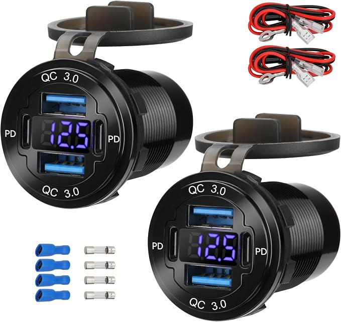 2 Pack 12V USB Outlet 4-Port, 78W Dual PD30W & QC3.0 Fast Charger, Waterproof Aluminum Alloy 12v Power Outlet with Blue Voltmeter for Cars RVs Boats Golf Carts Trucks Motorcycles