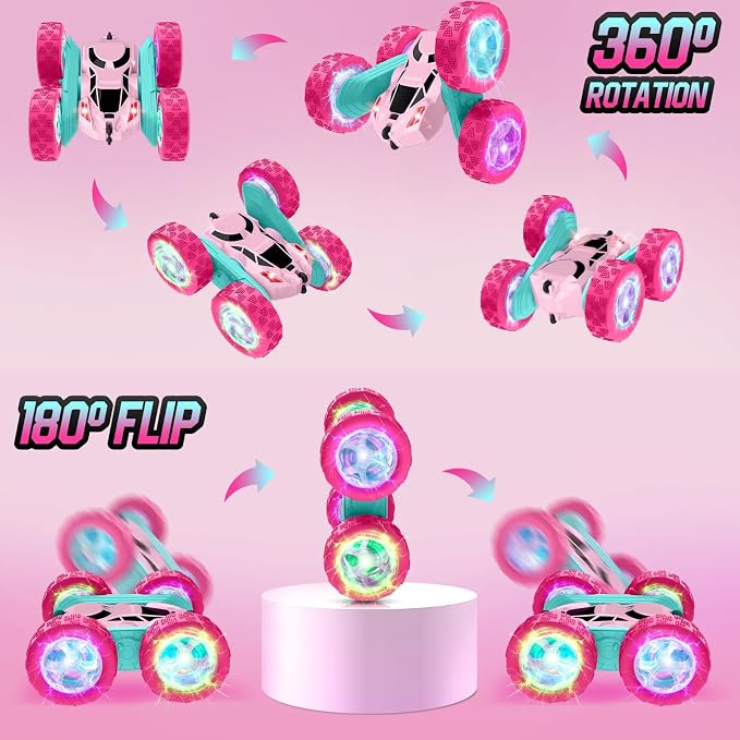 Pink Remote Control Car for Girls, Double Sided with Shining Headlights & Wheel Lights, Girl Princess Toys, Rechargeable Toy Car for 6-7 6-8 9 10-12 Year Old Girls Birthday, Valentines Gift