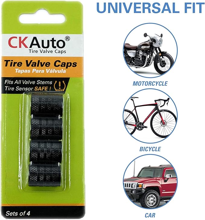 Tire Valve Stem Caps, Black, 4 pcs/Pack, Anodized Aluminum Tire Valve Cap Set, Corrosion Resistant, Universal Stem Covers for Cars Trucks Motorcycles SUVs and Bikes