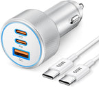 67W 3-Port Super Fast Type C Car Charger USB C for iPhone 17/Air/16/16e/15 Pro Max, Samsung Galaxy S25 S24 S23, Pixel, Android, Car Adapter Accessories for Men Women + 3FT USB-C Cable Silver