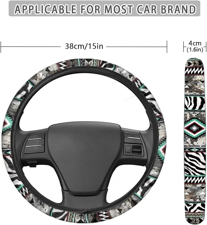 Auto Steering Wheel Cover for Women Men, Universal 15 Inch Soft Elastic Steering Wheel Wrap Anti-Slip Easy to Install Car Accessories, Aztec Camo Zebra Print