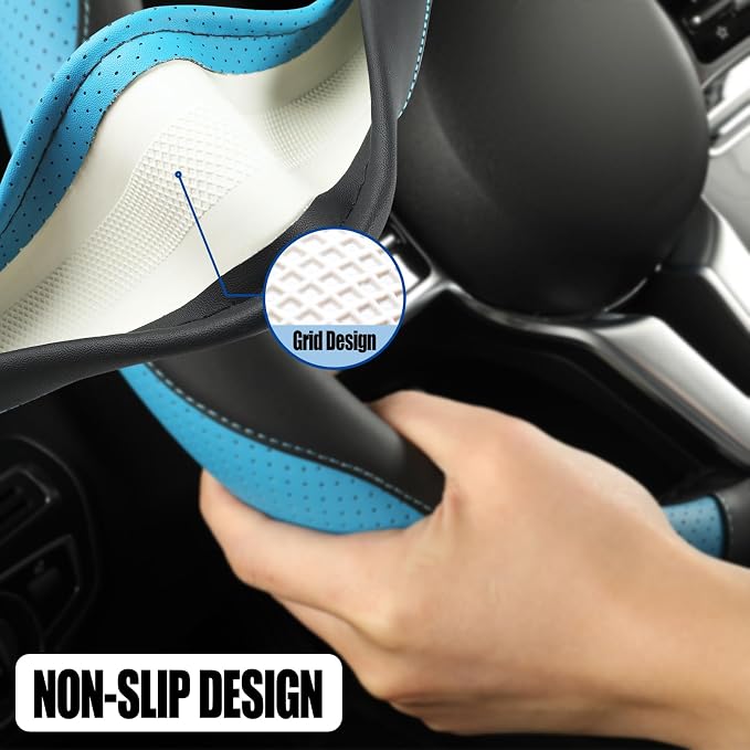 Black Blue Microfiber Leather D Shaped Steering Wheel Cover | Breathable Anti Slip Grip Cool Sporty Look Glow for Women Men