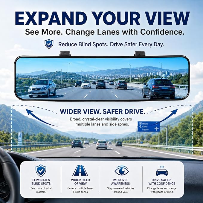 Anti Glare Wide Angle Car Rearview Mirror, 11.2'', Convex, Blue | Clip-On Panoramic Interior Rear View Mirror, Reduce Headlight Glare, Eliminate Blind Spots, Universal Fit for Cars, SUVs