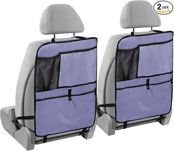 Purple Car Seat Organizer for Kids Backseat Kick Mat with Adjustable Strap Seat Back Covers for Vehicle Car SUV 2 Pcs