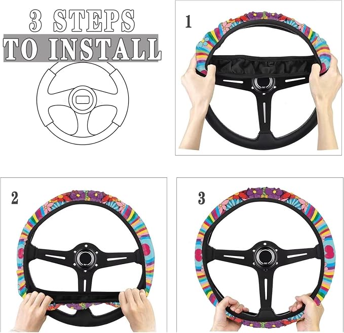 Groovy Hippie Flower Pattern Car Steering Wheel Cover Fit Most SUV Truck Car Van Easy to Install Car Wheel Cover Protector Steering Wheels Accessories Universal Fit 15 inches