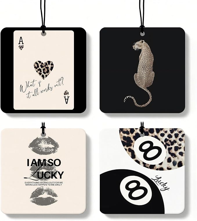 Leopard Print Orange Car Air Freshener 4 Pcs, Inspirational Cheetah Lips Lucky 8 Ball Square Hanging Air Freshener for Closet Drawer Books, Girly Y2k Car Accessories Mirror Decor for Women
