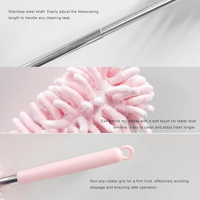 2 PCS Car Interior Duster with Extension Pole, Stretchable Chenille Vehicle Dusters with Bendable Head, Scratch Free Dusters Soft Cleaning Tool for Car Exterior & Interior (Pink)